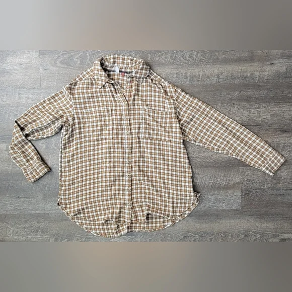 Pilcro Anthtopologie Crinkle Plaid Button-Up Women's L Cream Olive & Pink Flowy - Picture 5 of 12